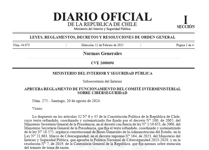Publican en Diario Oficial de Chile reglamentos sobre Comité Interministerial de Ciberseguridad y Consejo Multisectorial