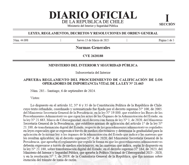 Publican reglamento para la calificación de Operadores de Importancia Vital