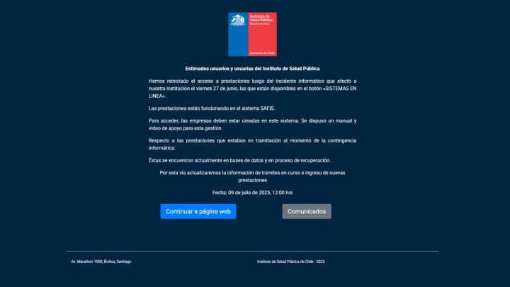Instituto de Salud Pública restablece el acceso a prestaciones tras incidente informático