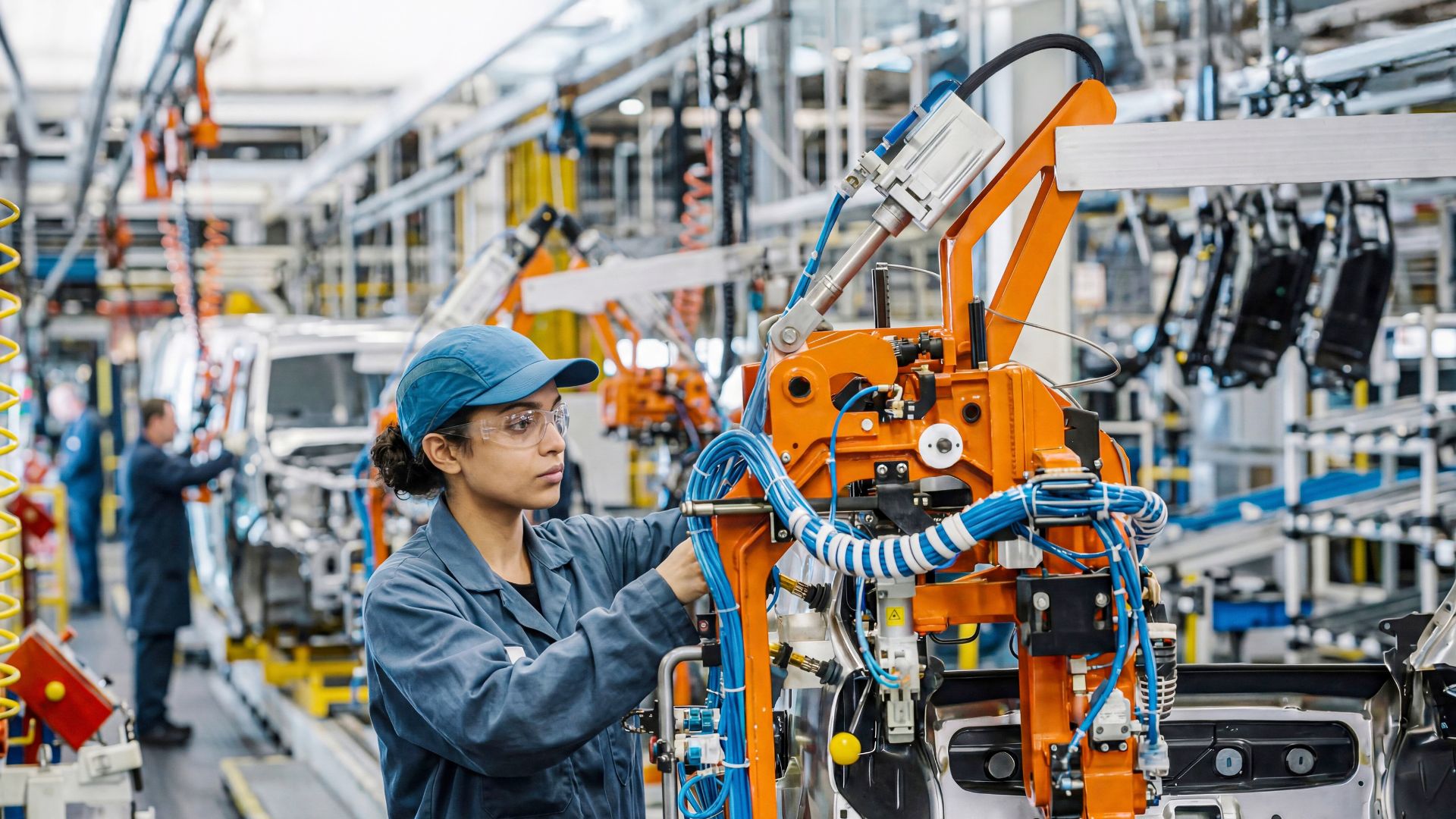 linea de producción de autos con operarios